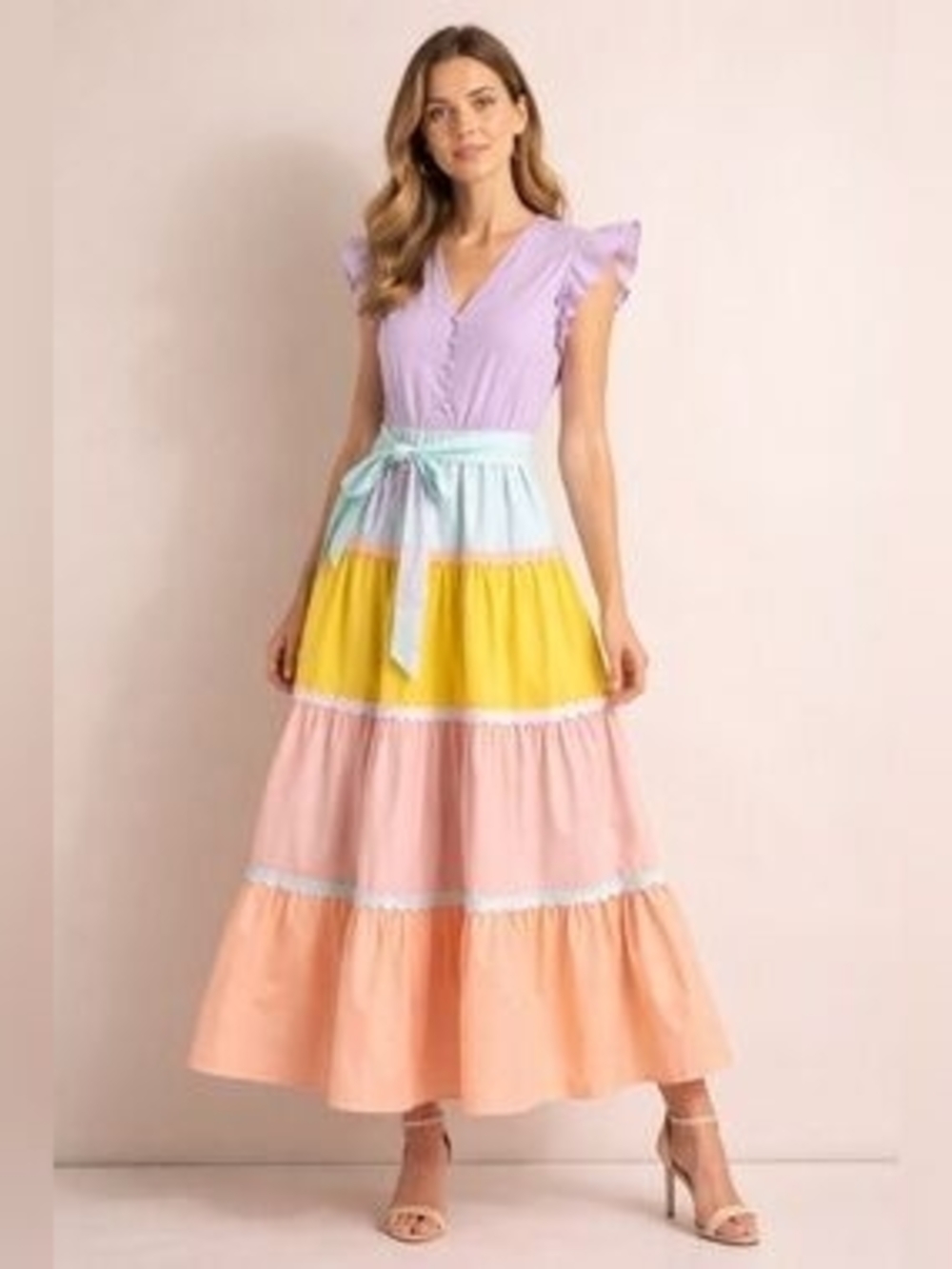 Crosby - Pastel Colorblock Maxi Dress with Tiered Skirt - Lavender/Pink/Yellow